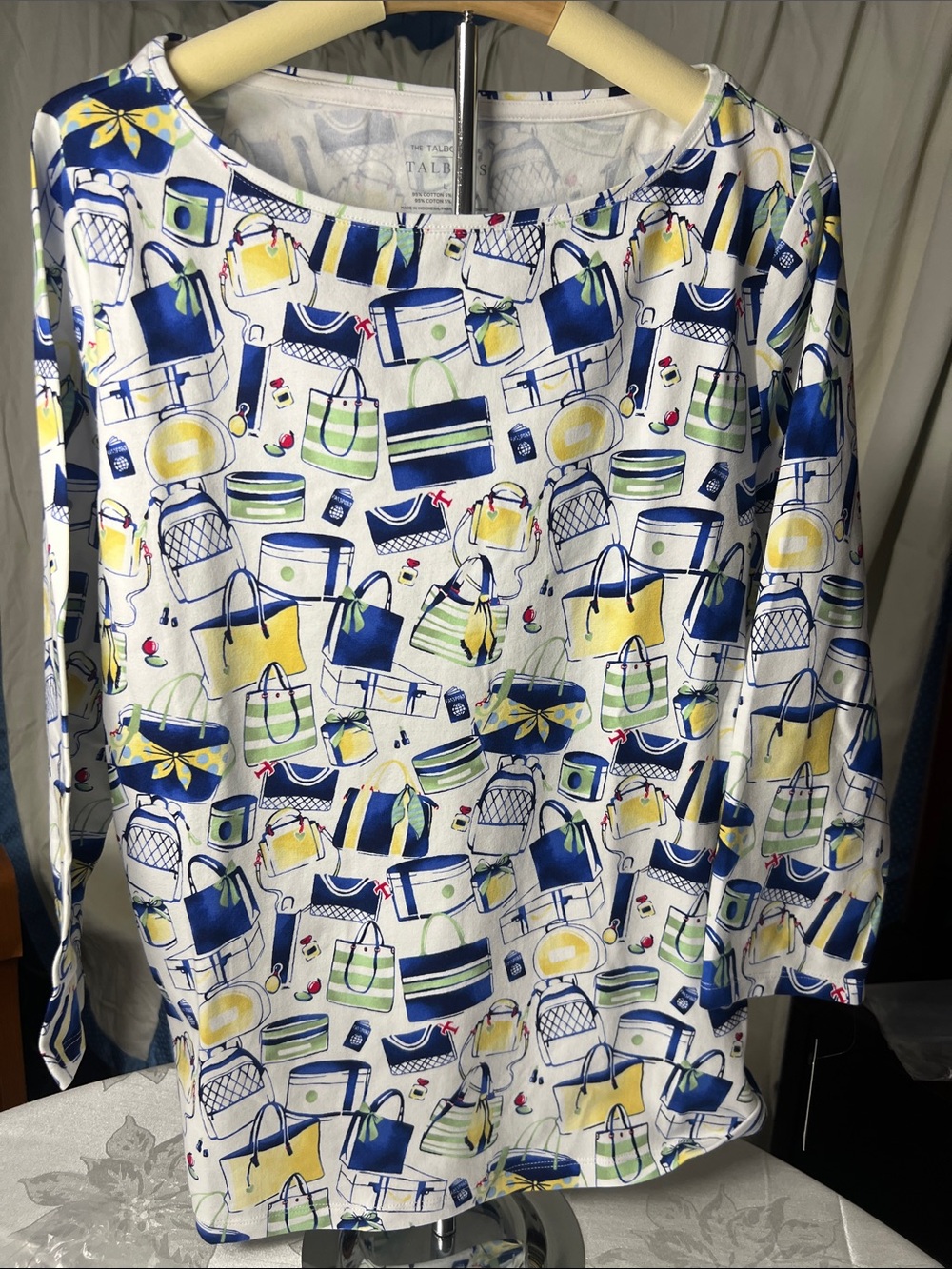 NWT Talbots Large White Tee with Navy, Yellow and Green Bag Print